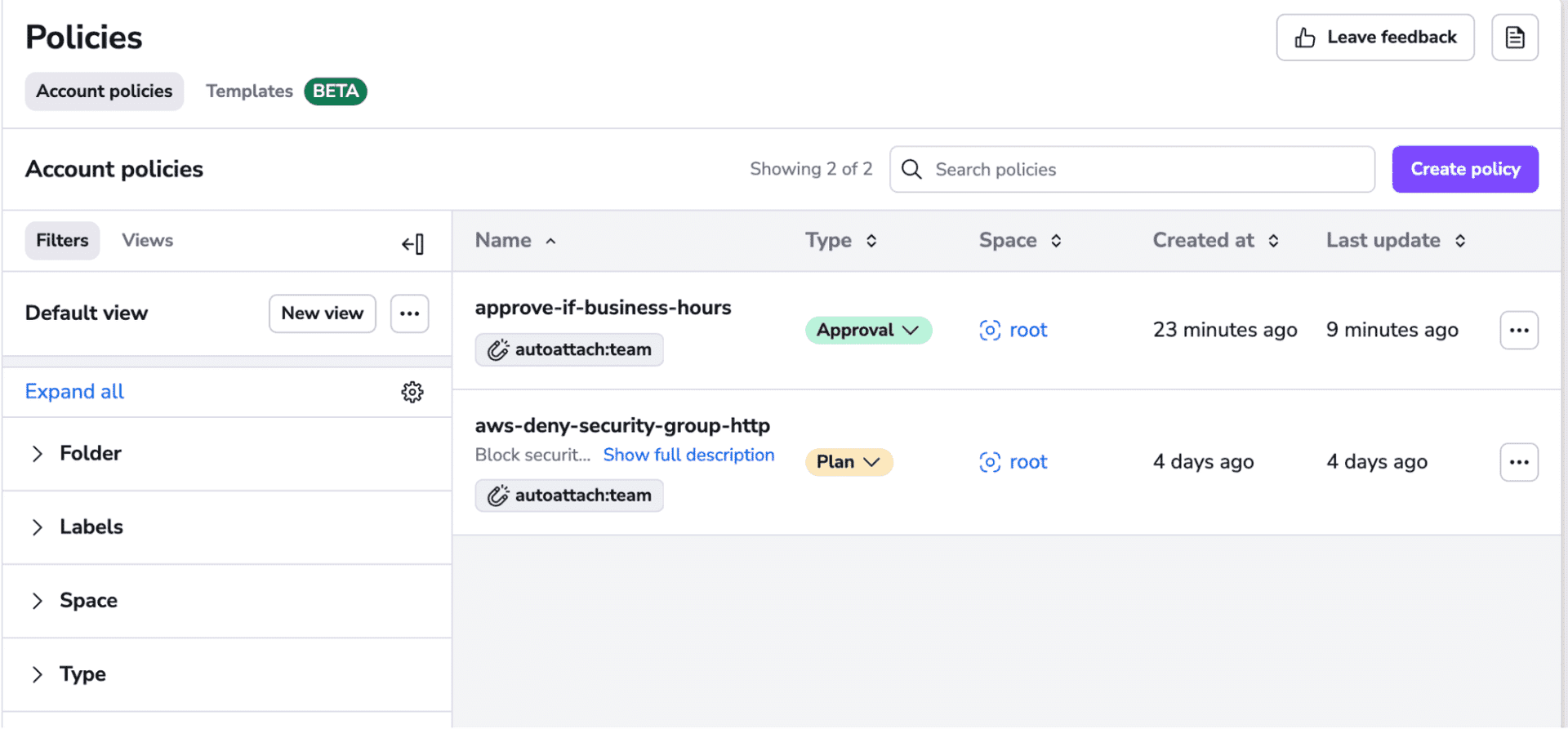 Screenshot of the Spacelift app showing policies example