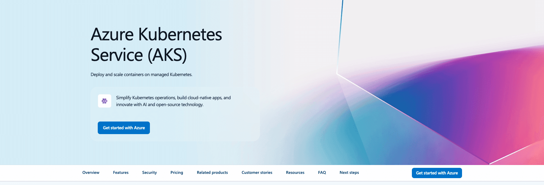 Screenshot showing AKS page on the Microsoft Azure website