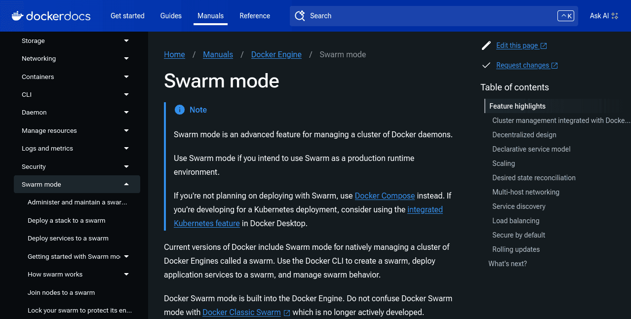 screenshot showing Docker Swarm documentation