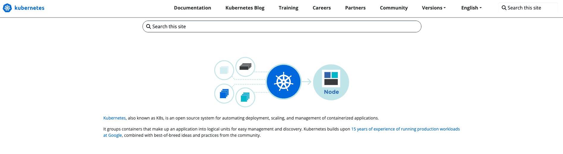 screenshot showing the Kubernetes homepage