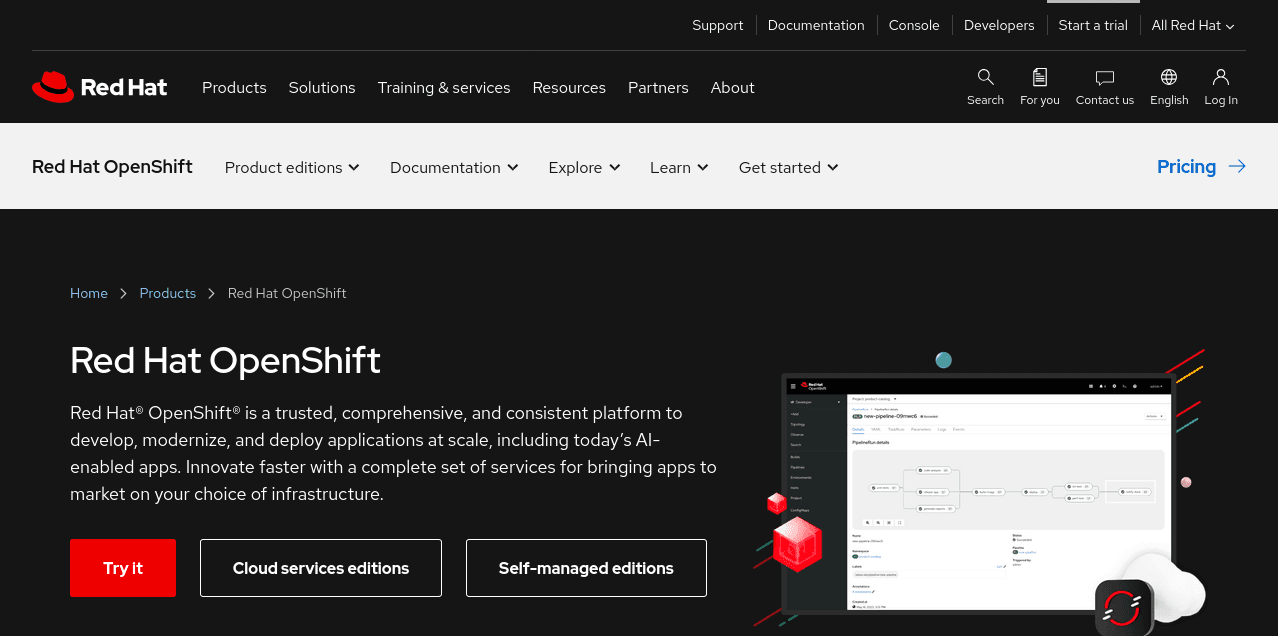 Screenshot showing OpenShift homepage