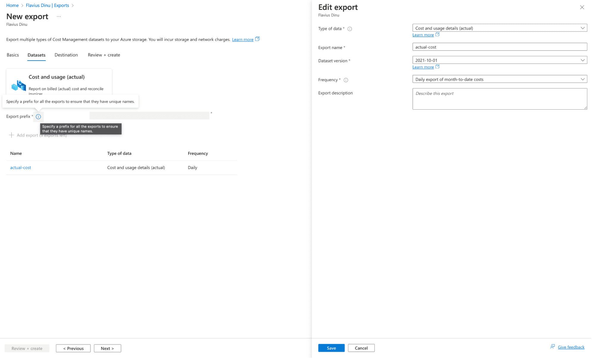 azure cost management export settings