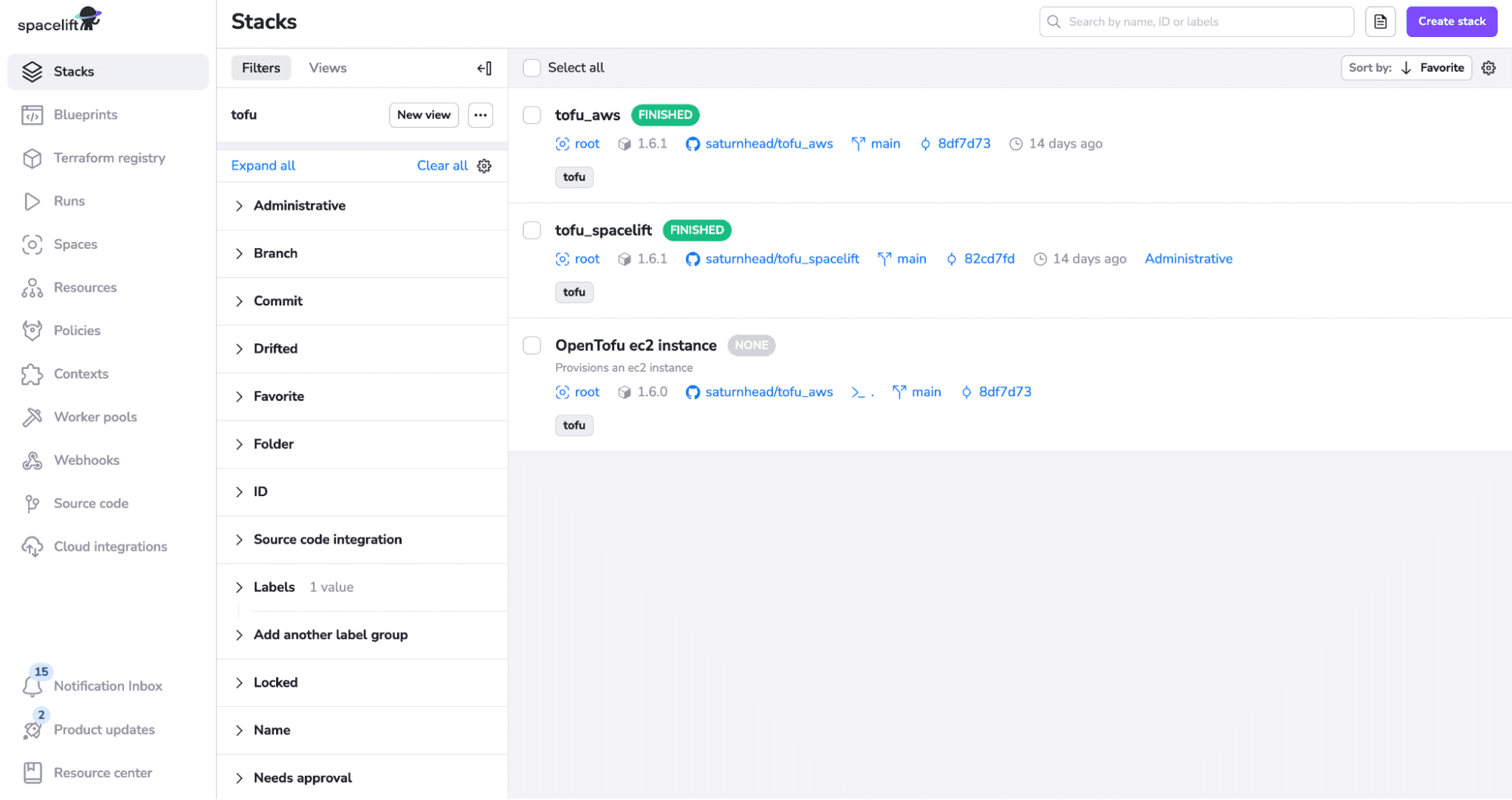 Terraform Enterprise alternative Spacelift stack dashboard