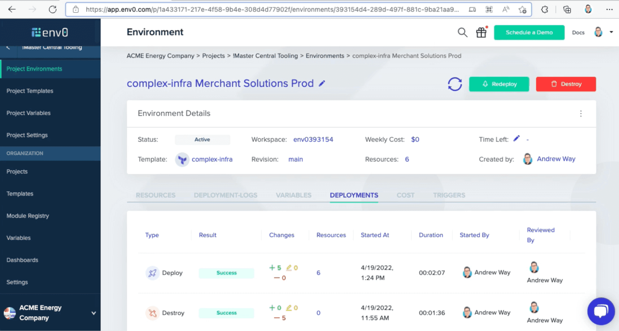 Terraform Enterprise alternative env0 projects dashboard example