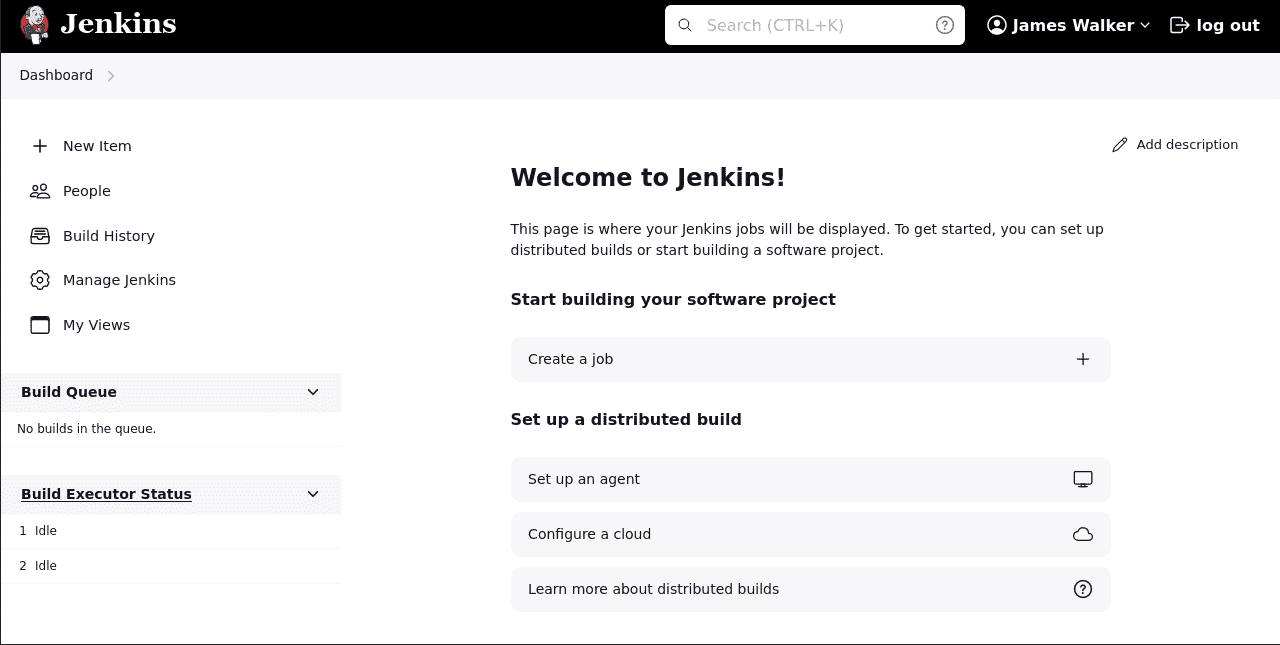 screenshot showing Jenkins app dashboard with the welcome screen