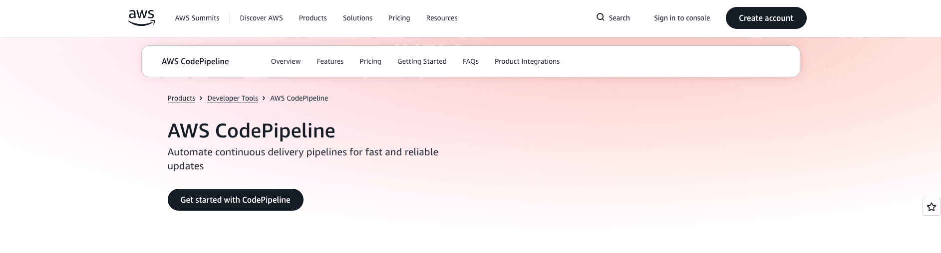 screenshot showing aws codepipeline page on the aws website