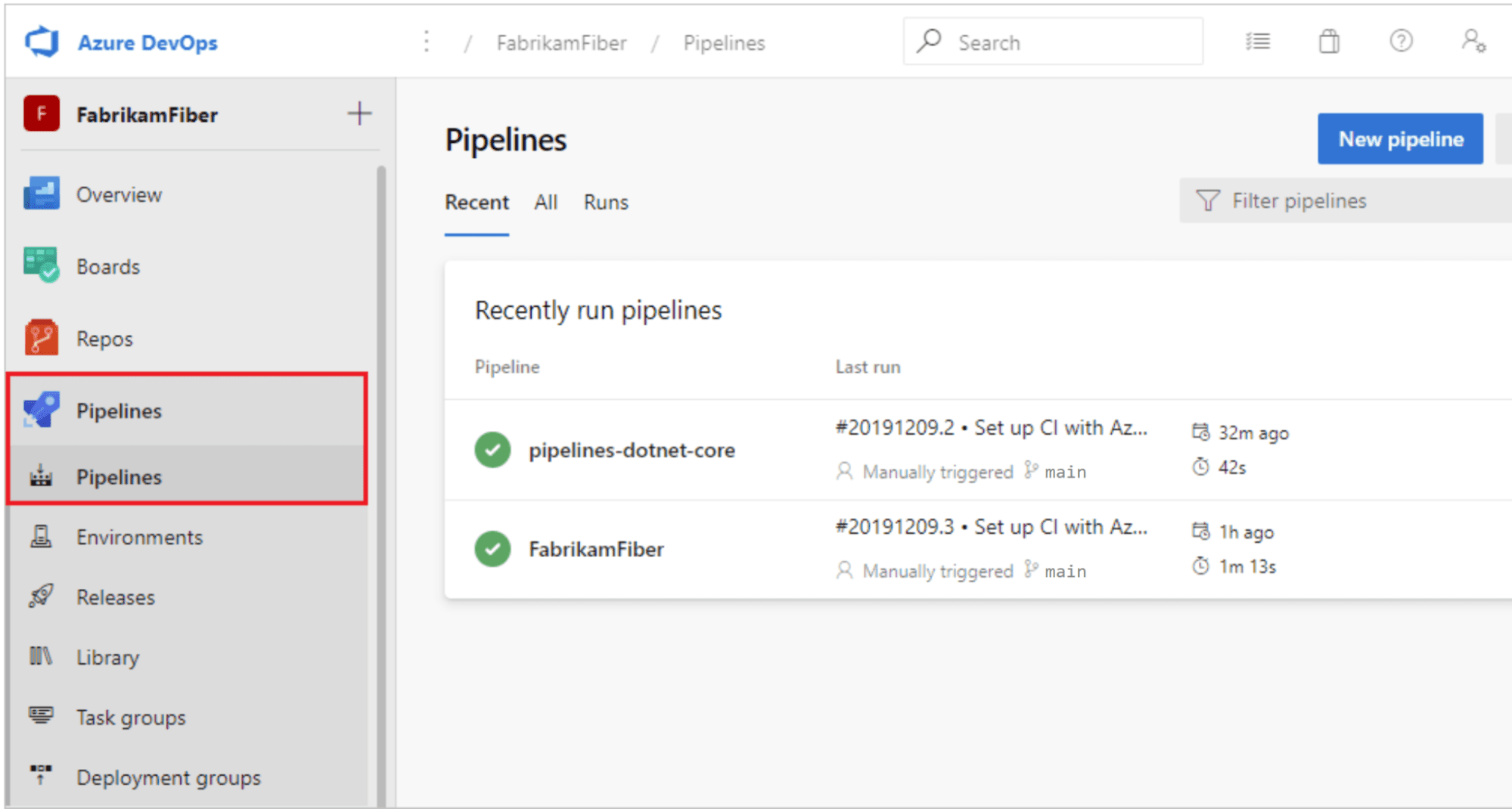 screenshot showing azure pipelines view on the azure devops ui with recently run pipelines