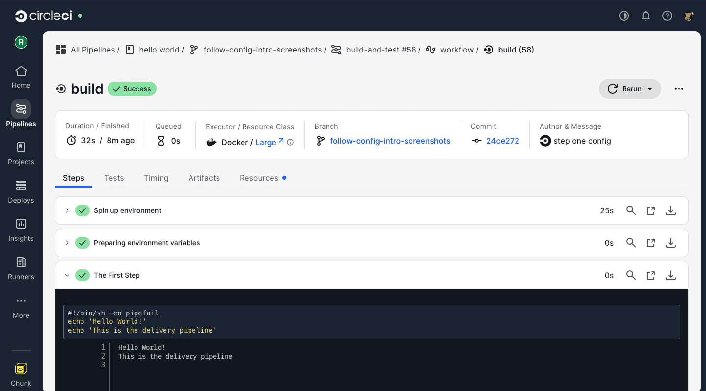 screenshot showing a basic build example from the circle ci ui