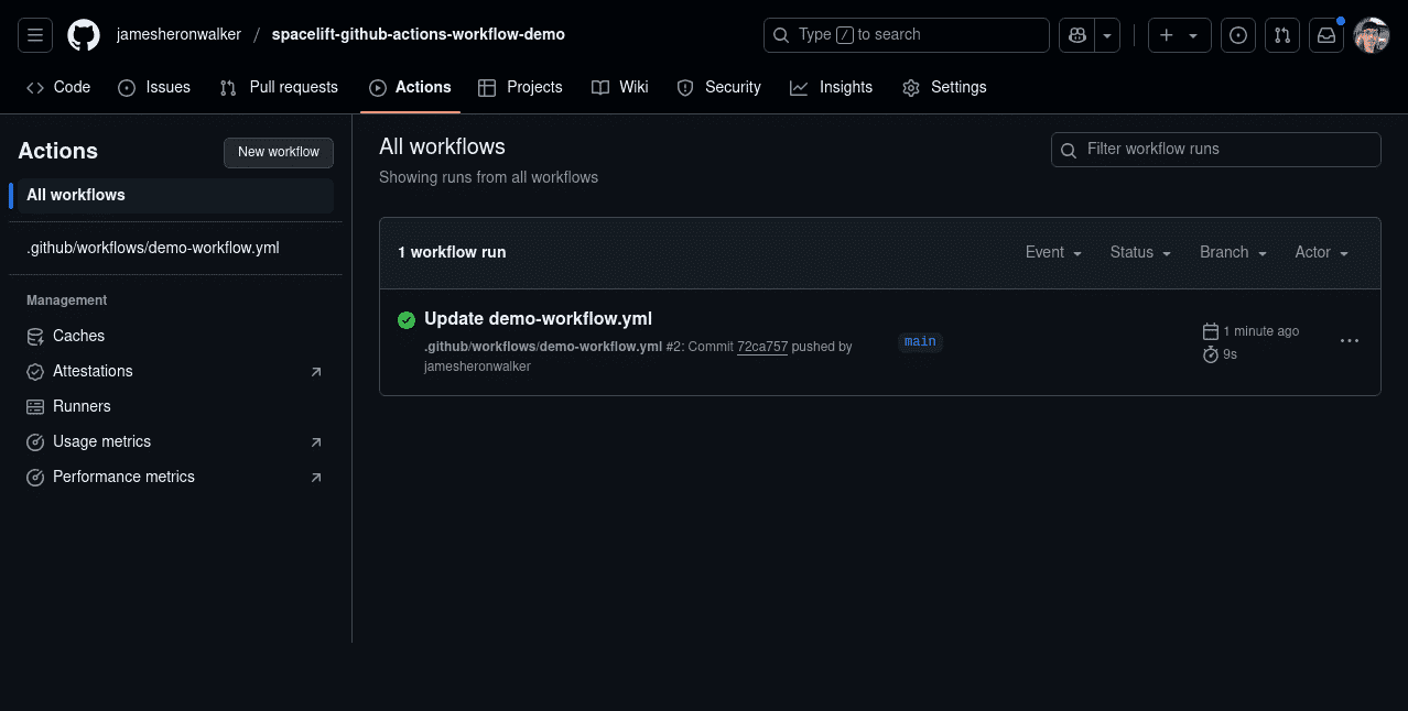 screenshot from GitHub open on the actions tab showing an example workflow run of GitHub Actions