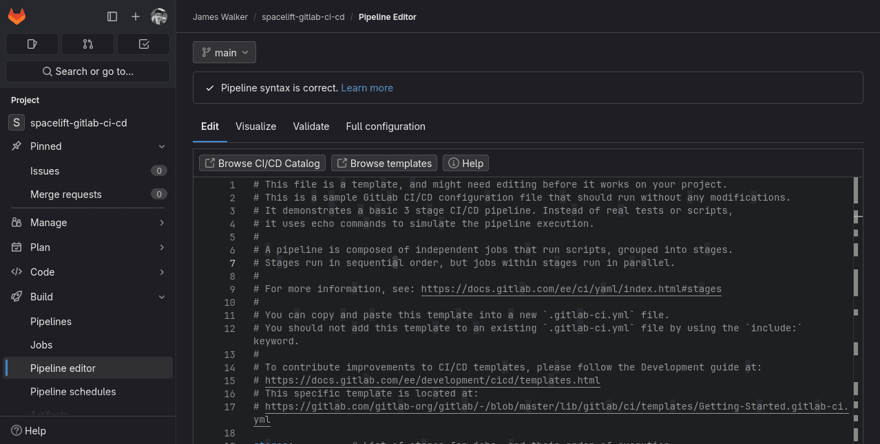 screenshot form gitlab showing a ci cd pipeline editor with an open example