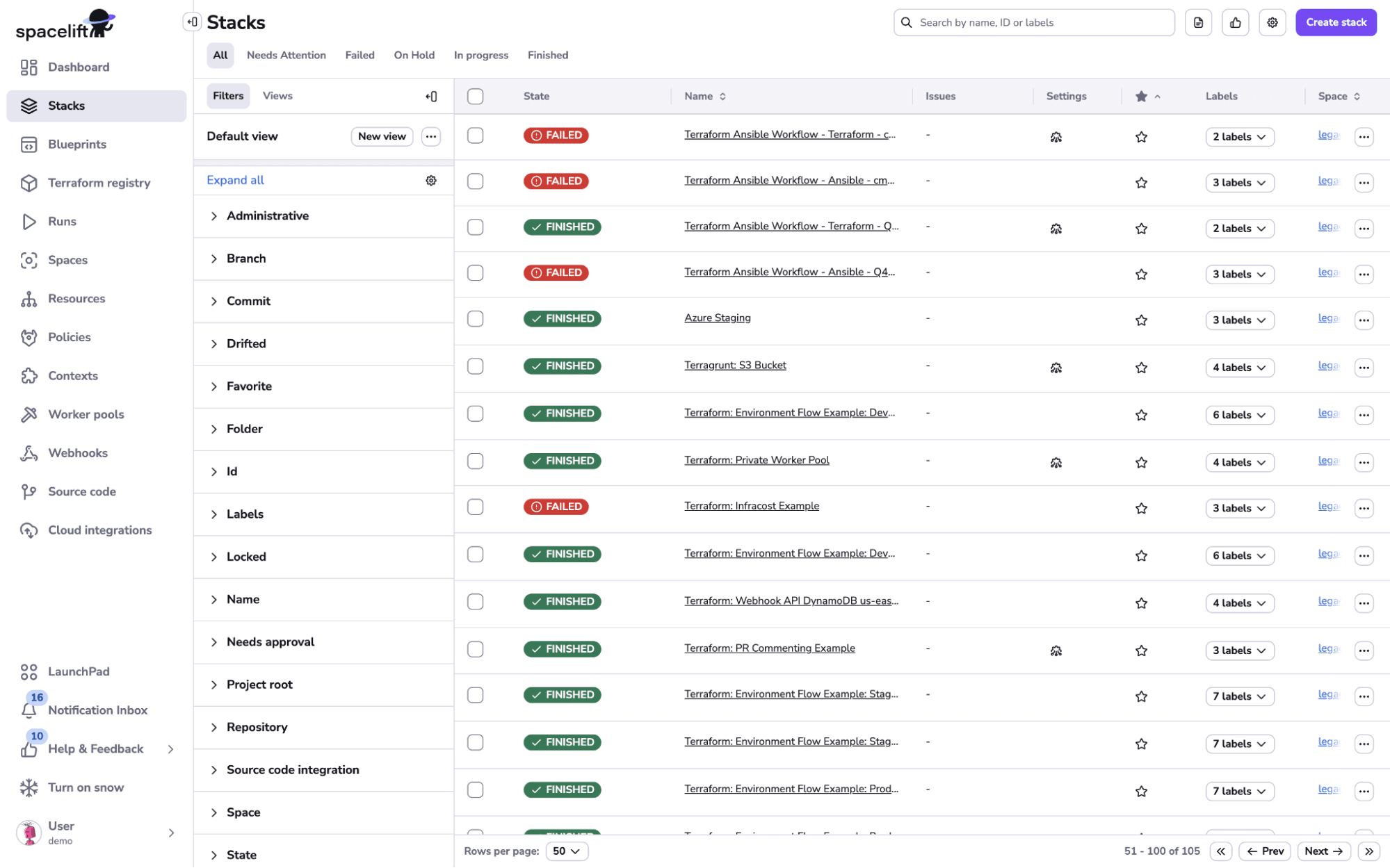 screenshot from Spacelift app showing the stacks view