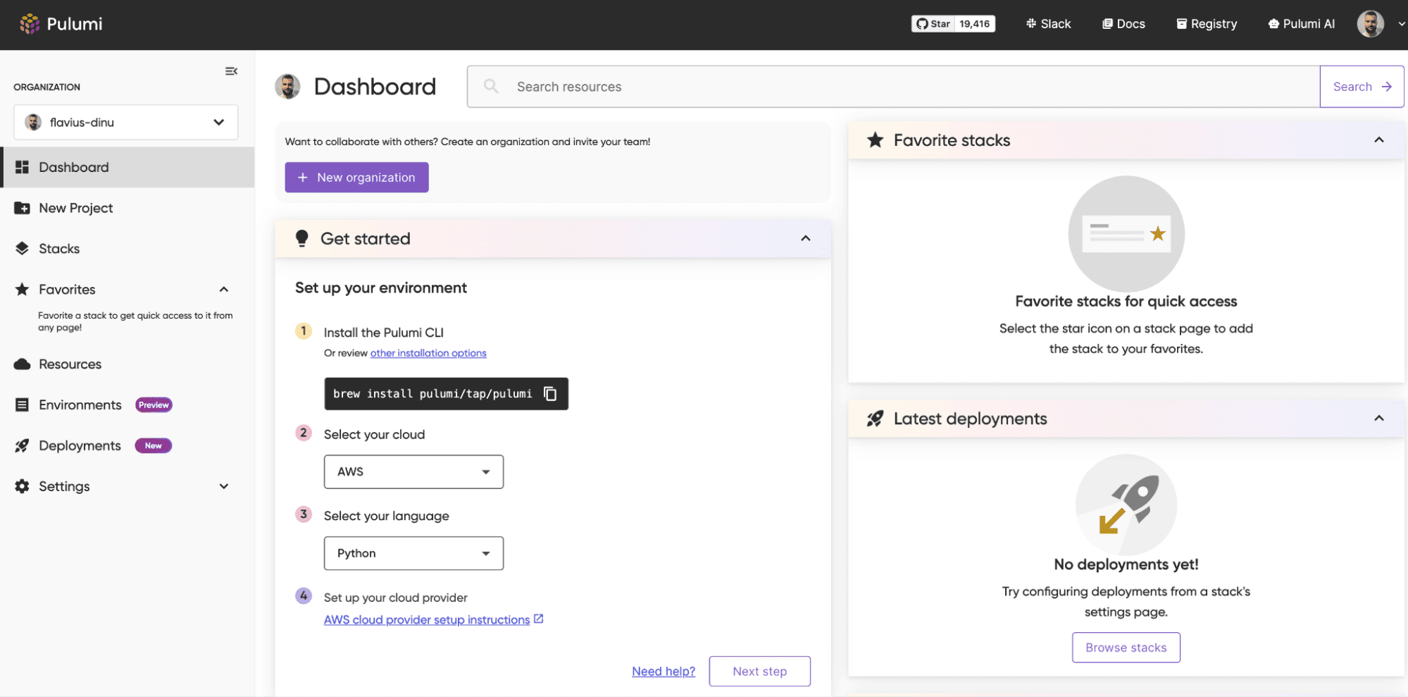 Terraform alternative Pulumi Cloud dashboard example