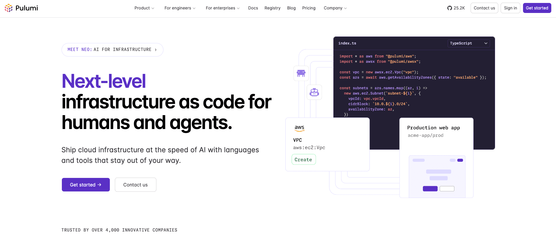 Terraform alternative Pulumi Cloud homepage screenshot