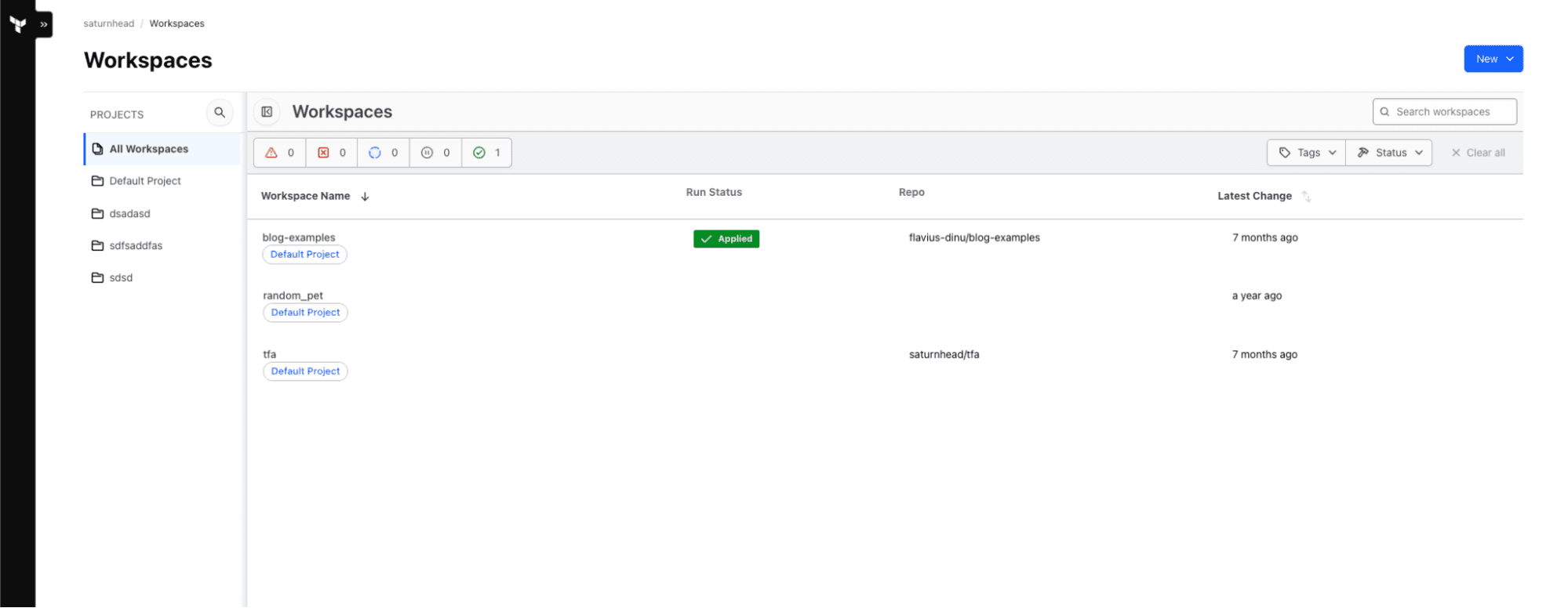 screenshot from terraform enterprise ui showing workspaces view