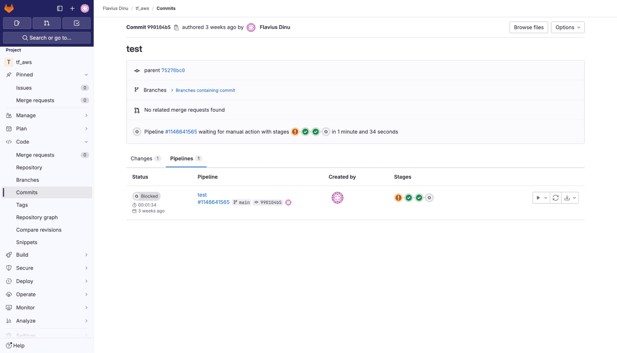 screenshot showing the gitlab ci cd dashboard showing a test pipeline run