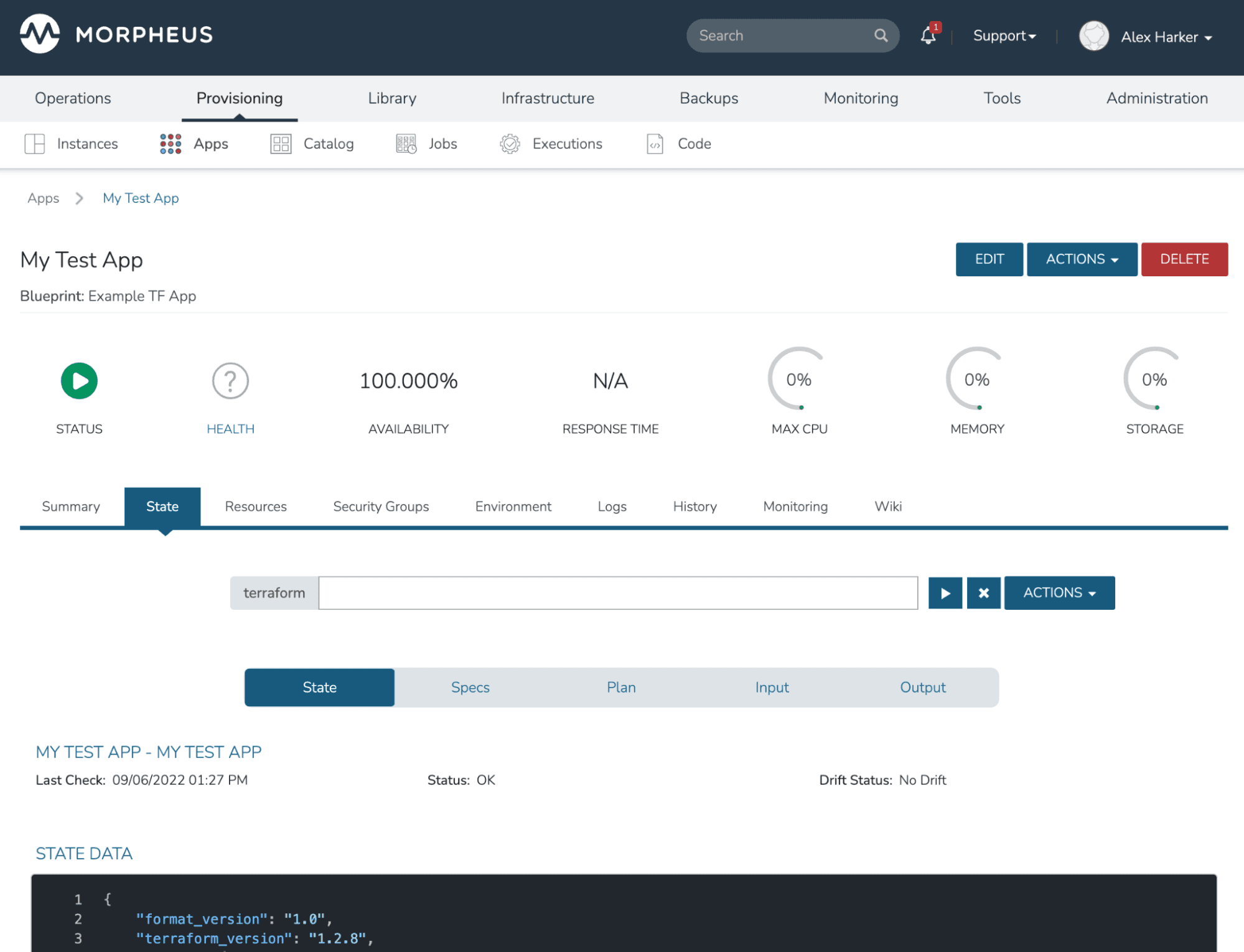 screenshot from Morpheus ui showing the state management test run