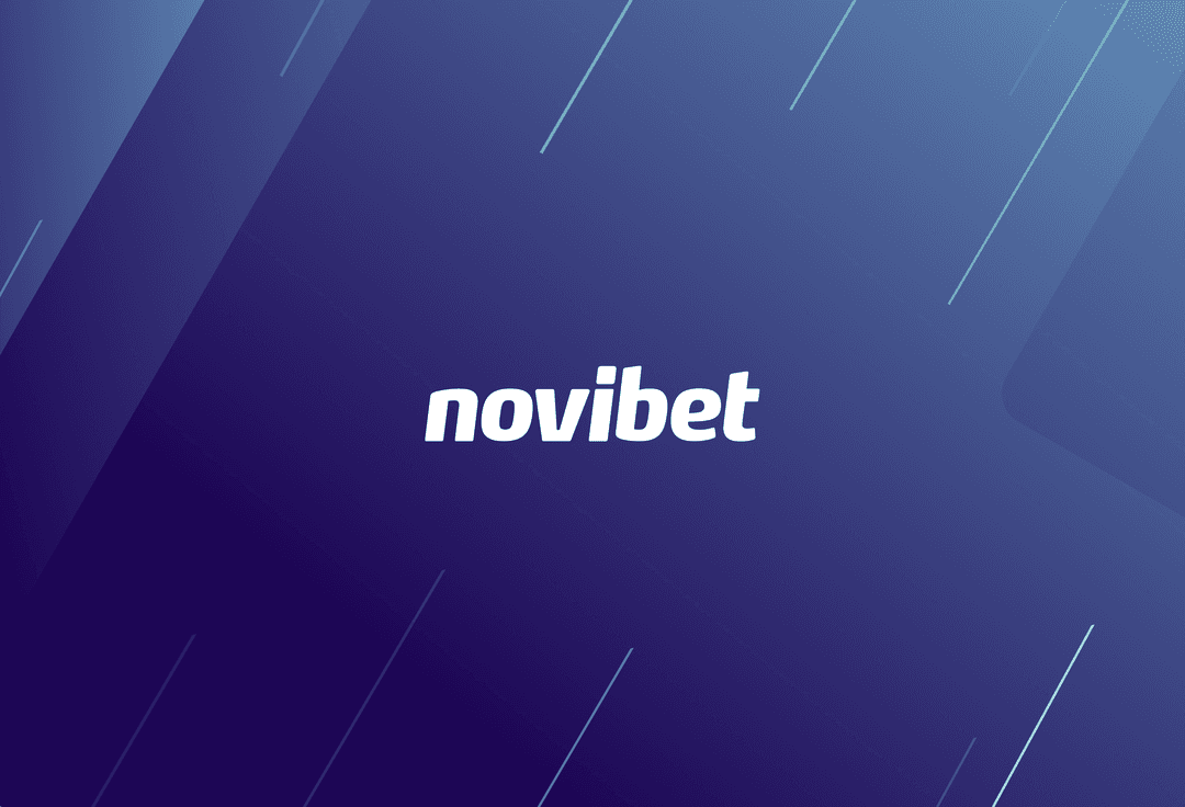 white novibet logo on blue blackground