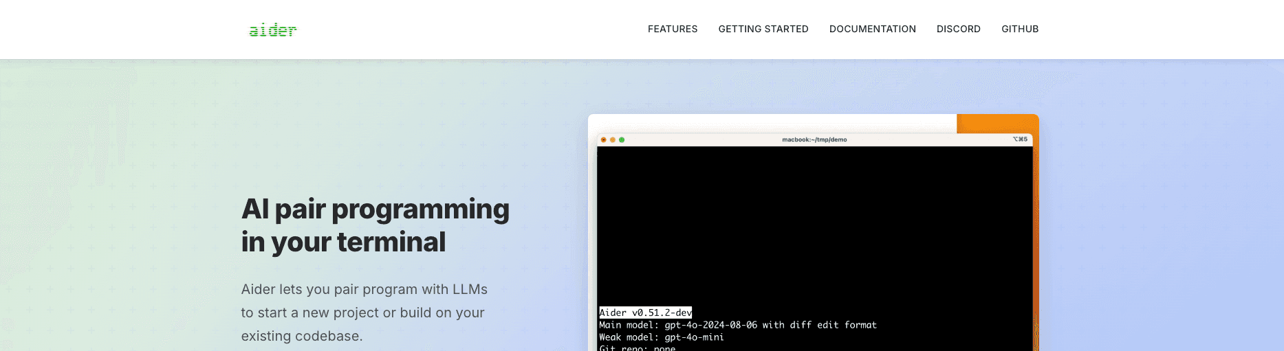 screenshot showing aider homepage