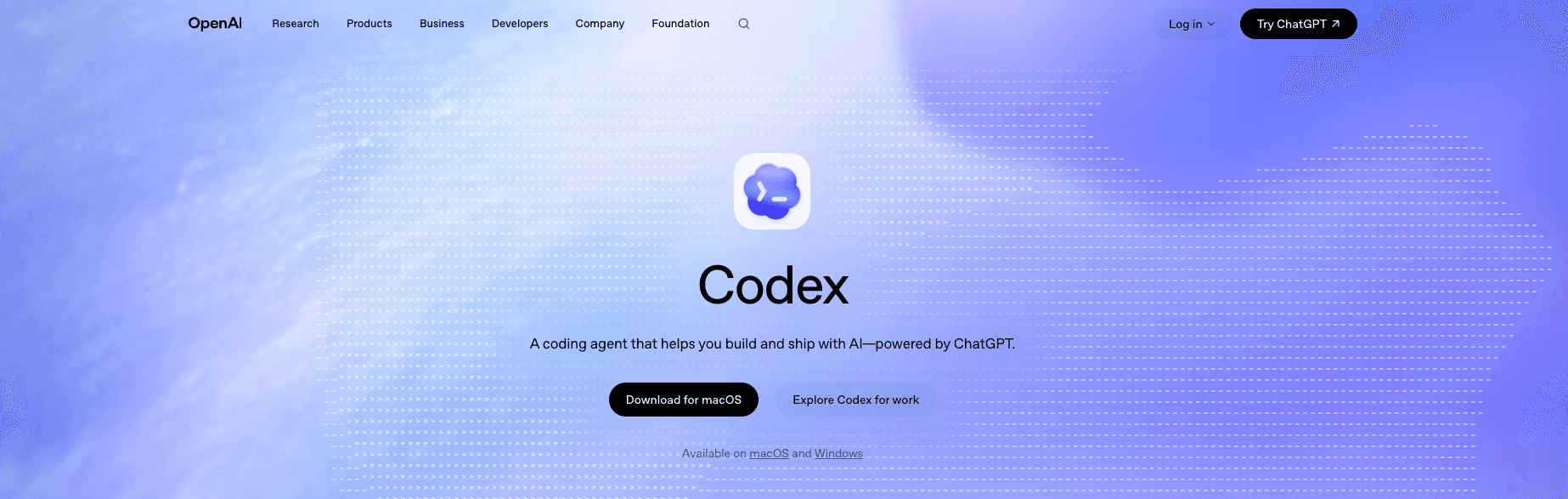 screenshot showing codex page on the openai website