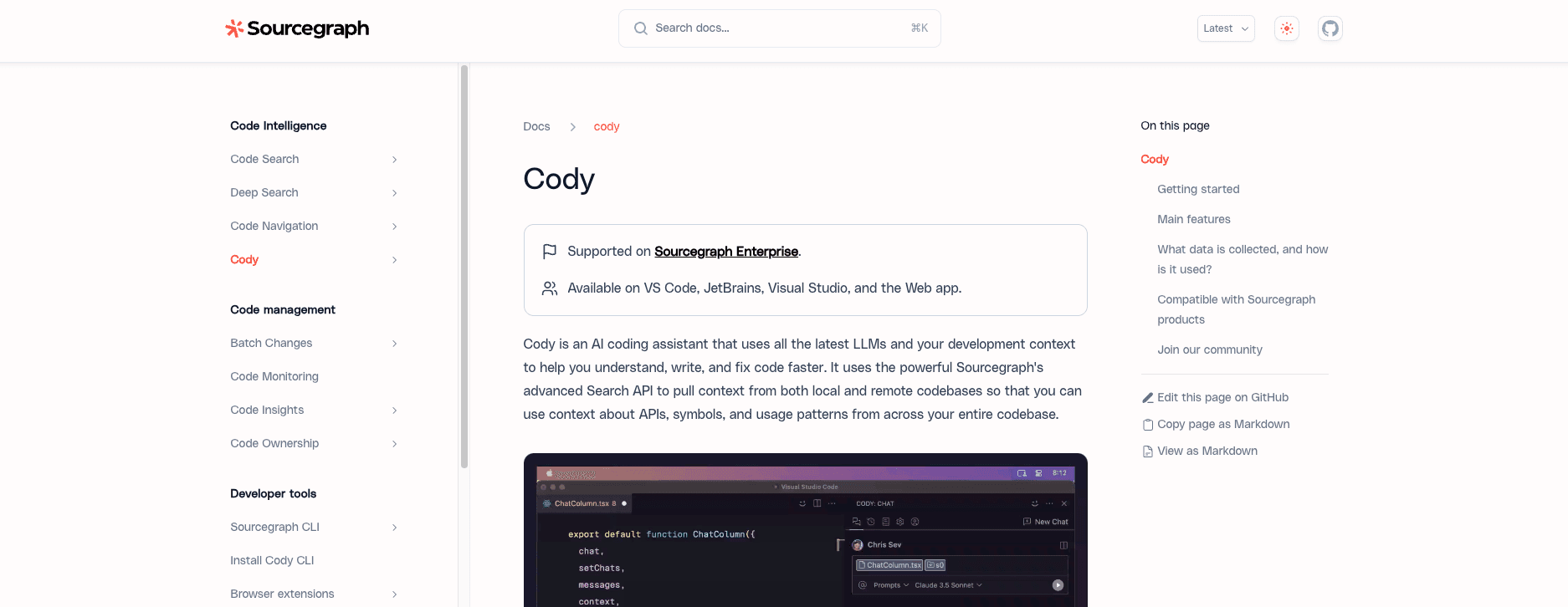 screenshot of sourcegraph page showing cody documentation