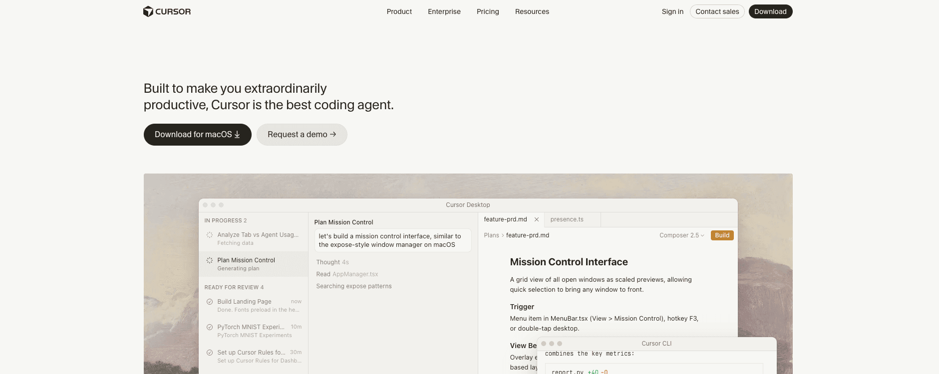 screenshot showing the cursor homepage