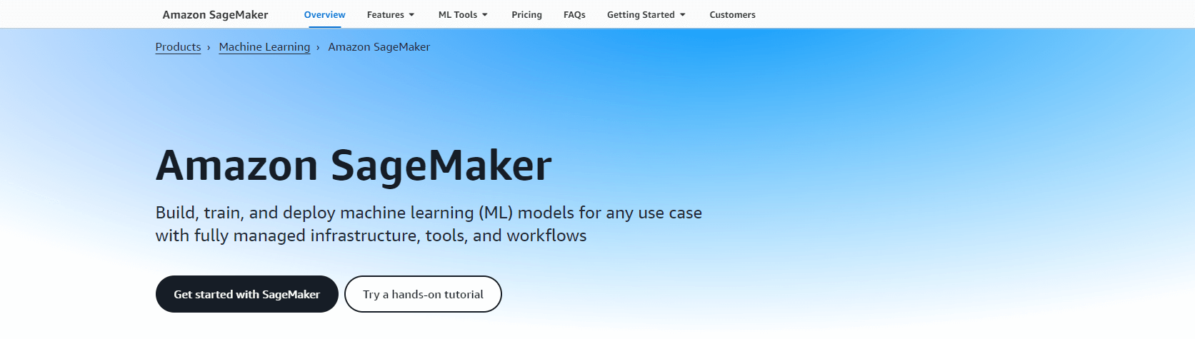 screenshot showing amazon sagemaker page on the aws website