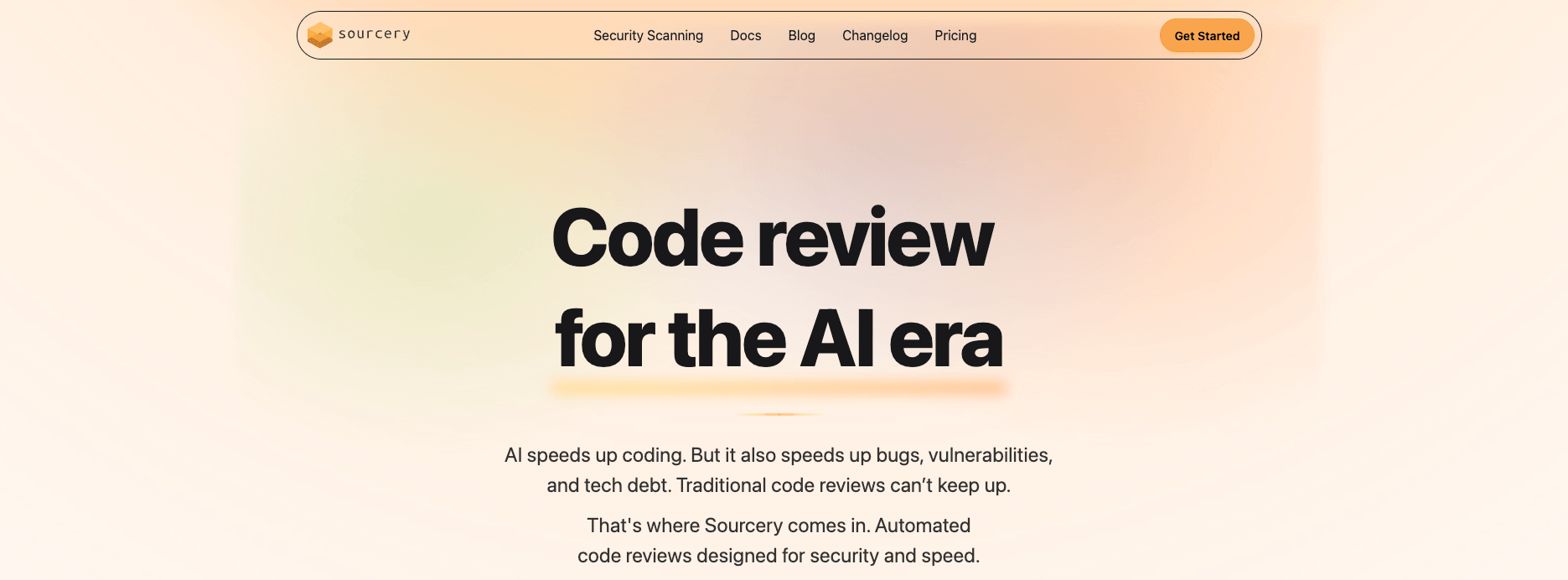 screenshot showing the Sourcery homepage