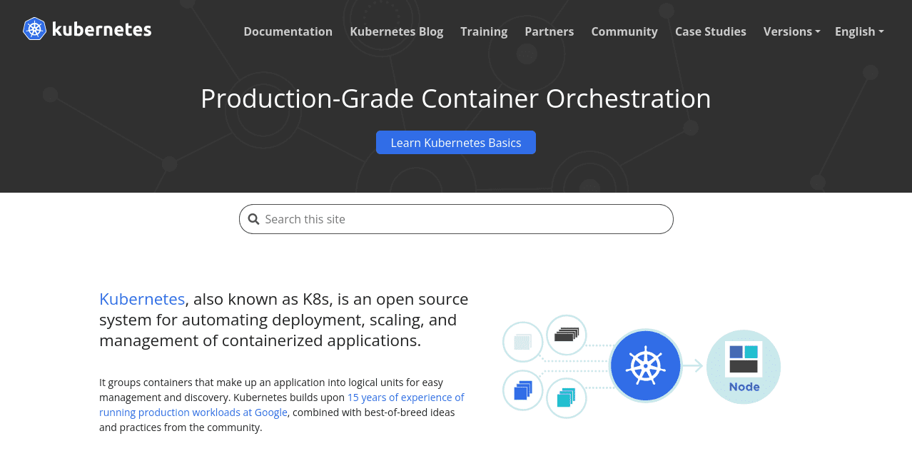 screenshot showing the kubernetes homepage