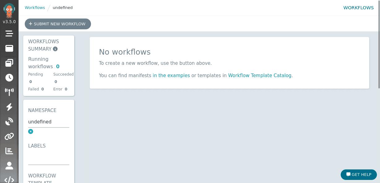 Screenshot from Argo UI showing Workflows dashboard