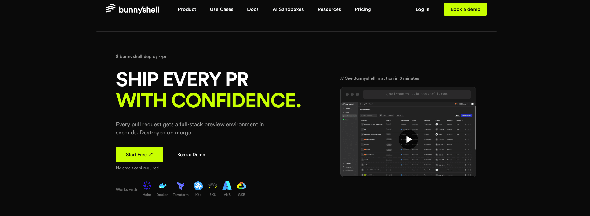 screenshot showing bunnyshell homepage