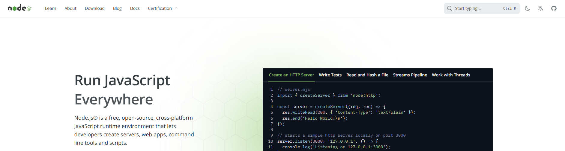 screenshot showing the node js homepage