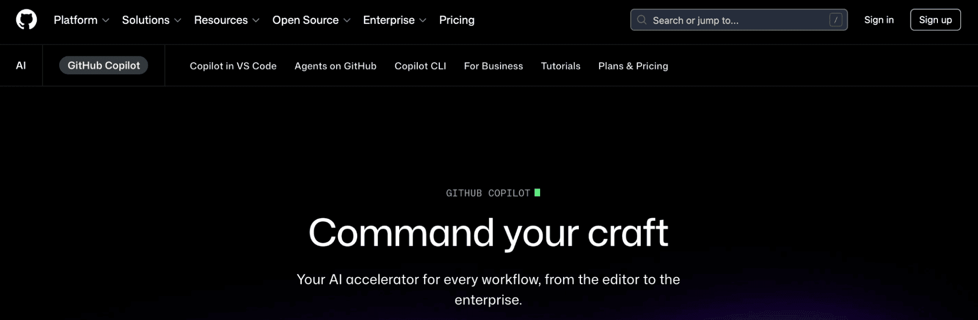 screenshot showing github copilot page on the github website