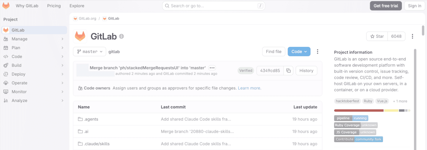 screenshot showing gitlab repository of gitlab itself