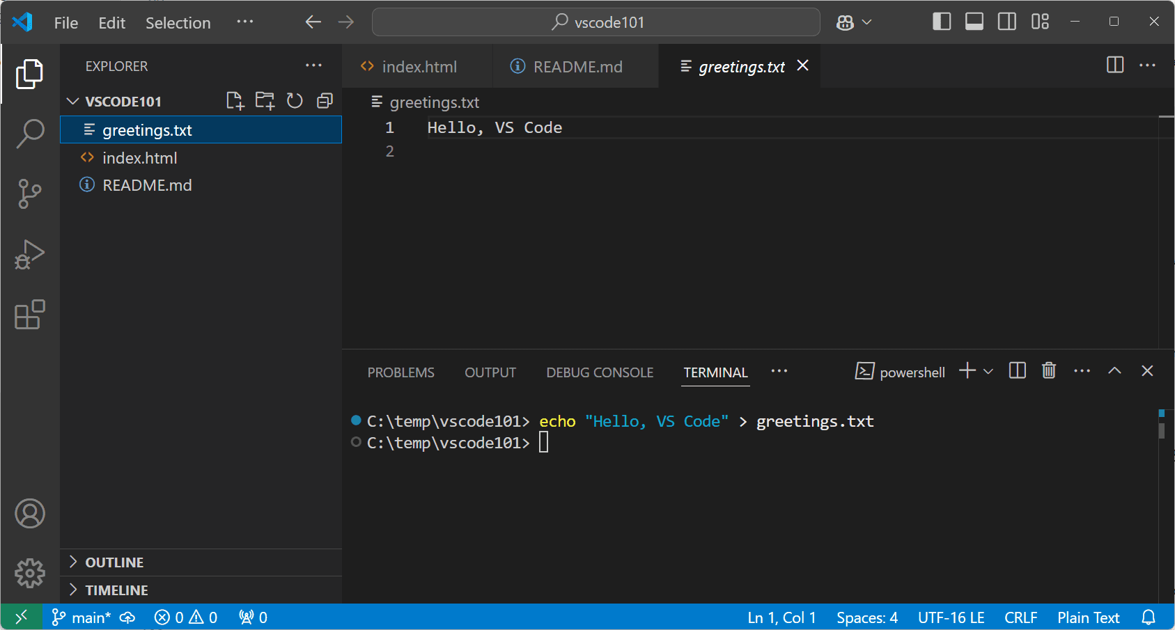 Screenshot showing the inside of VS Code console with a basic code example
