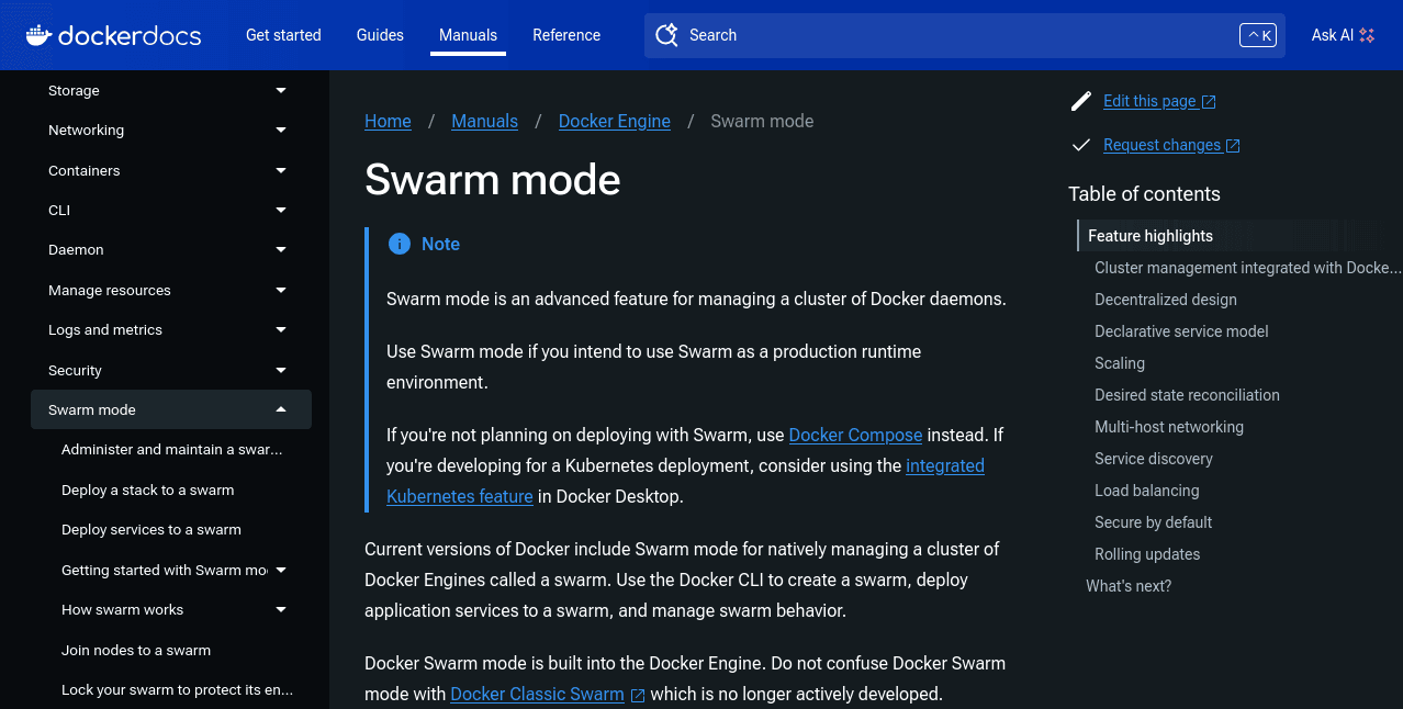 Kubernetes alternative Docker swarm documentation screenshot