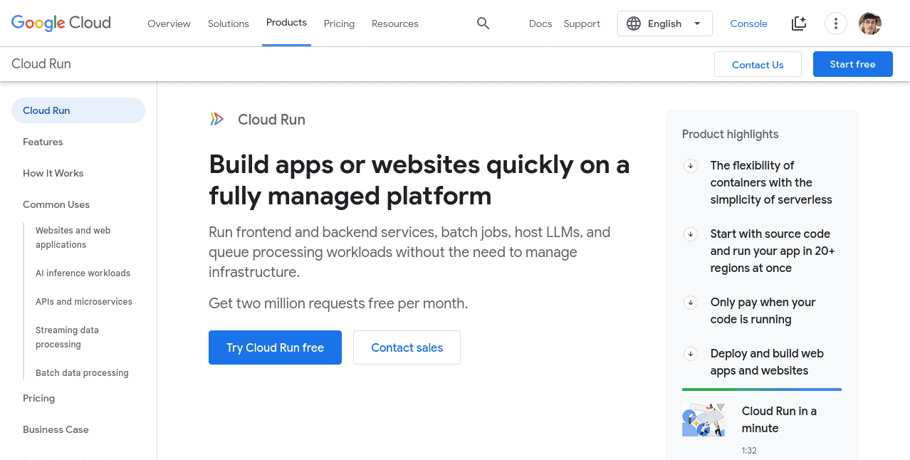Kubernetes alternative Google Cloud Run documentation screenshot example