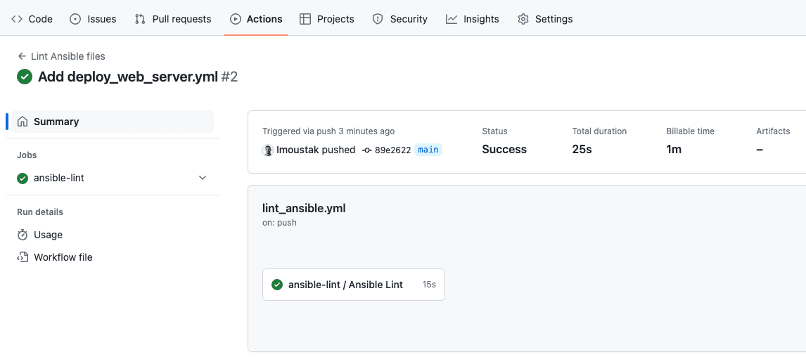 screenshot from the gitub actions ui showing an example Ansible run status