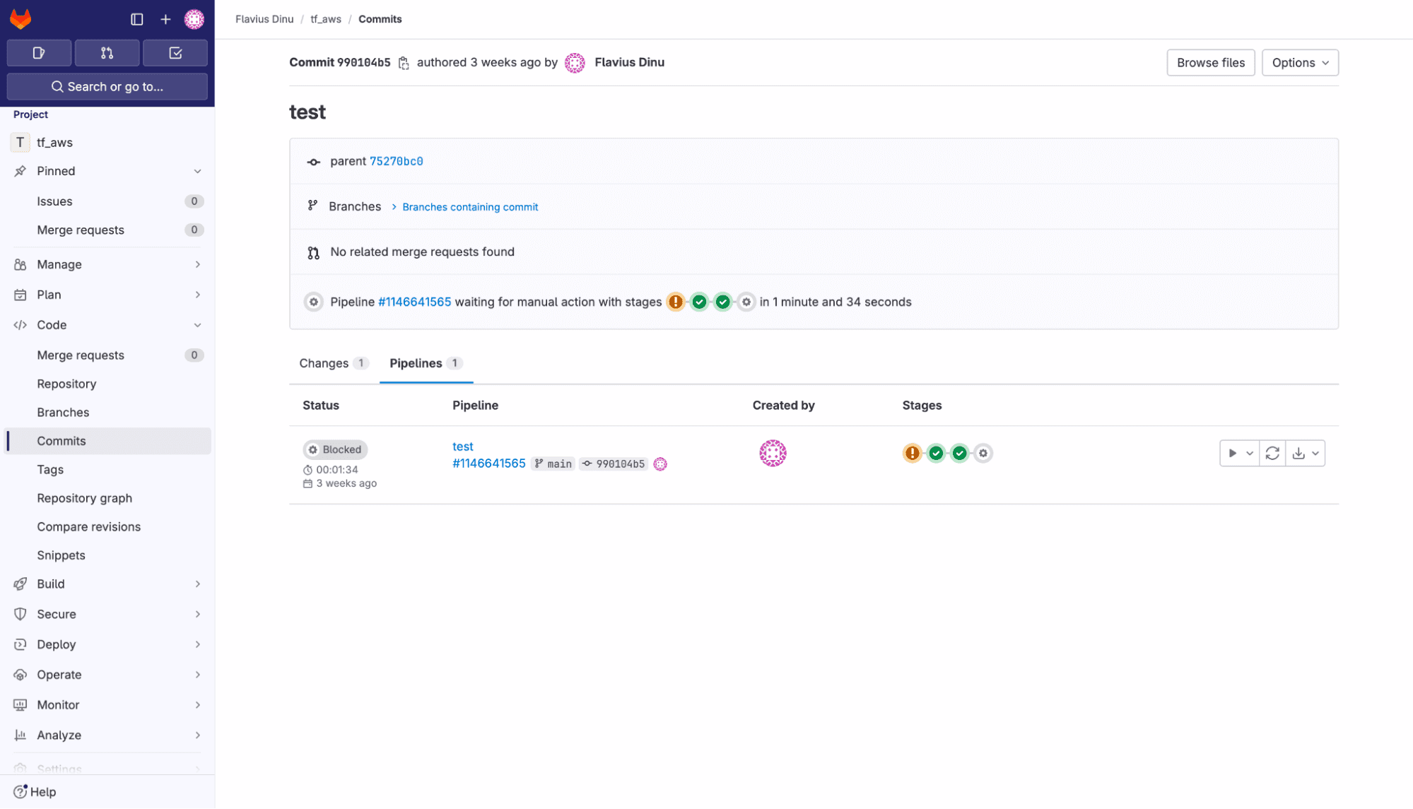 screenshot from gitlab ci cd ui showing a completed test commit