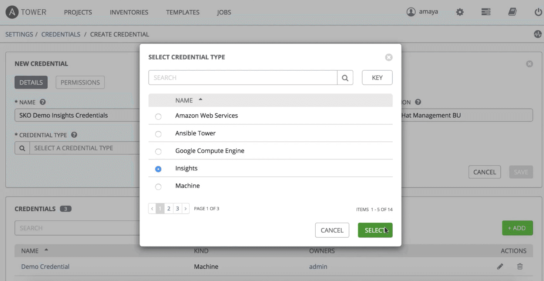 screenshot showing the ansible tower ui with credentials set up