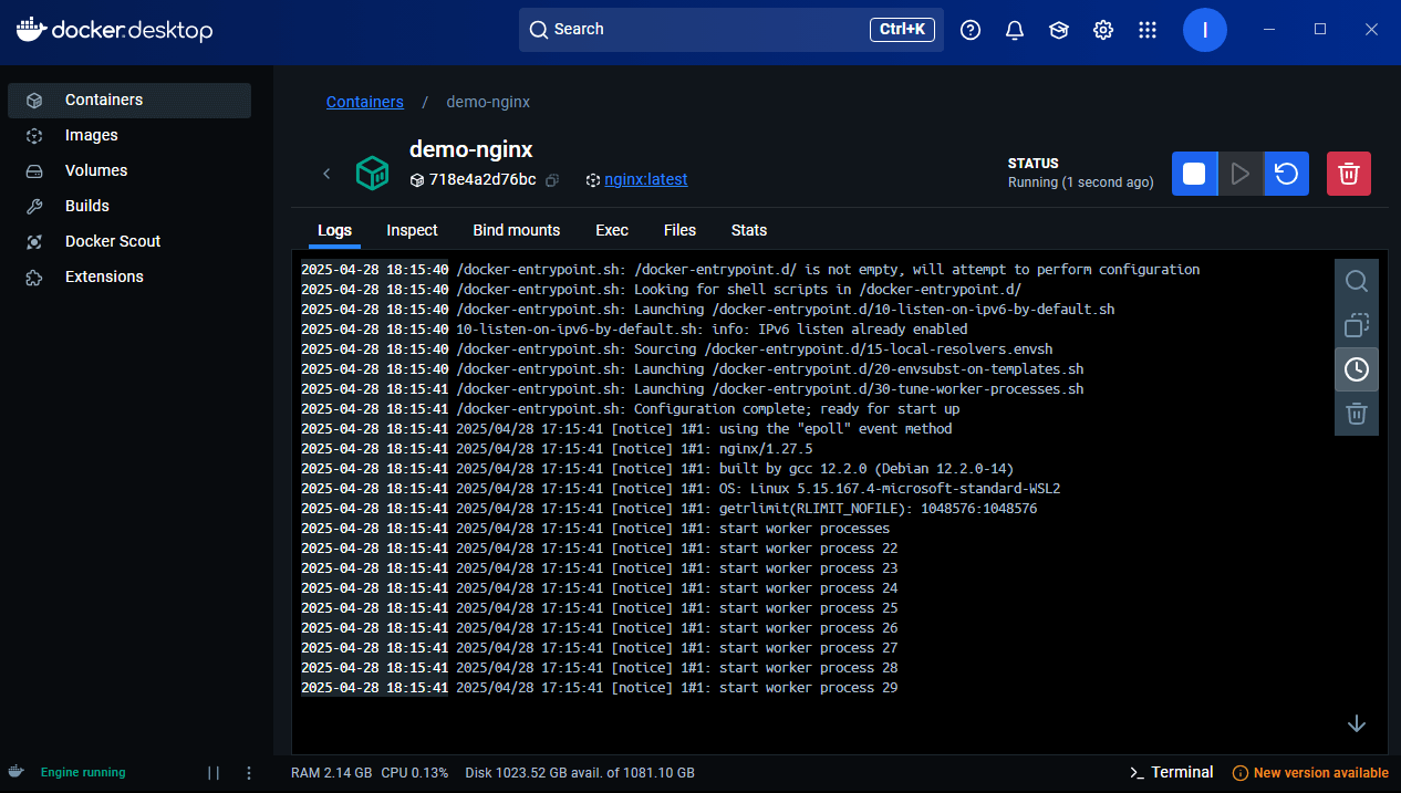 logs display within the Docker Desktop