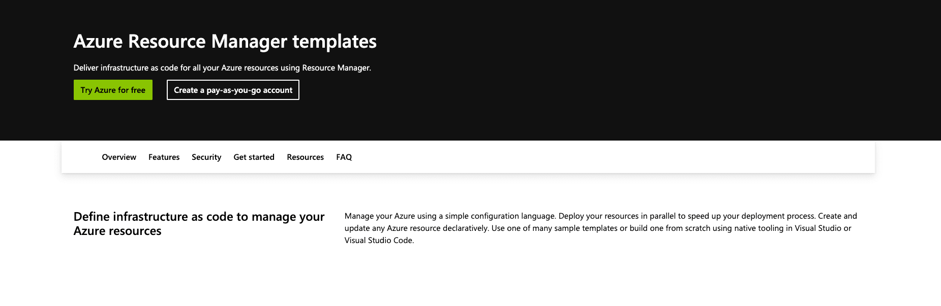 screenshot showing the azure arm templates page
