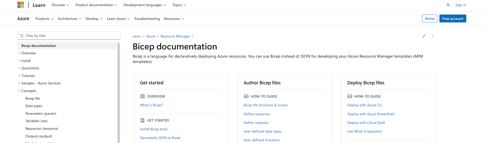 screenshot showing bicep documentation page