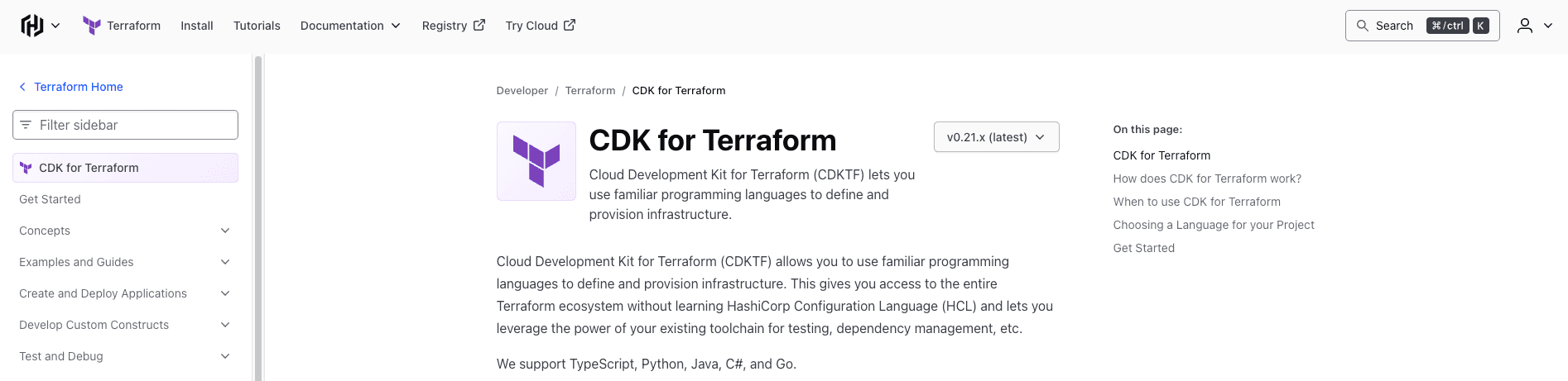 screenshot showing cdk for terraform documentation page
