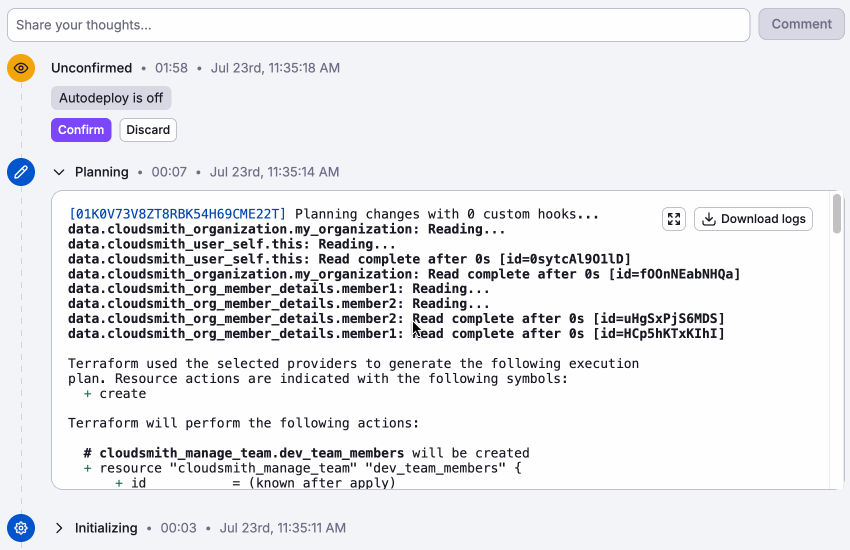 apply the changes to your Cloudsmith workspace