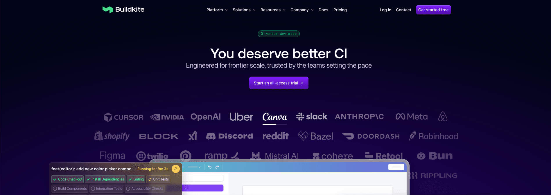 screenshot showing the buildkite homepage