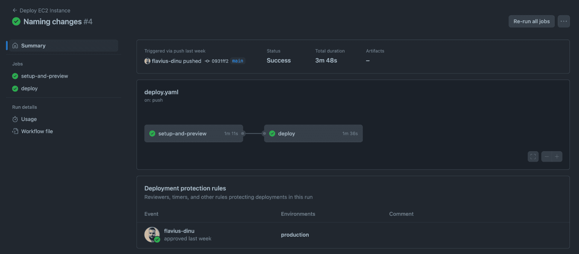 screenshot fromm github actions ui showigh an example of th ec2 deployment job