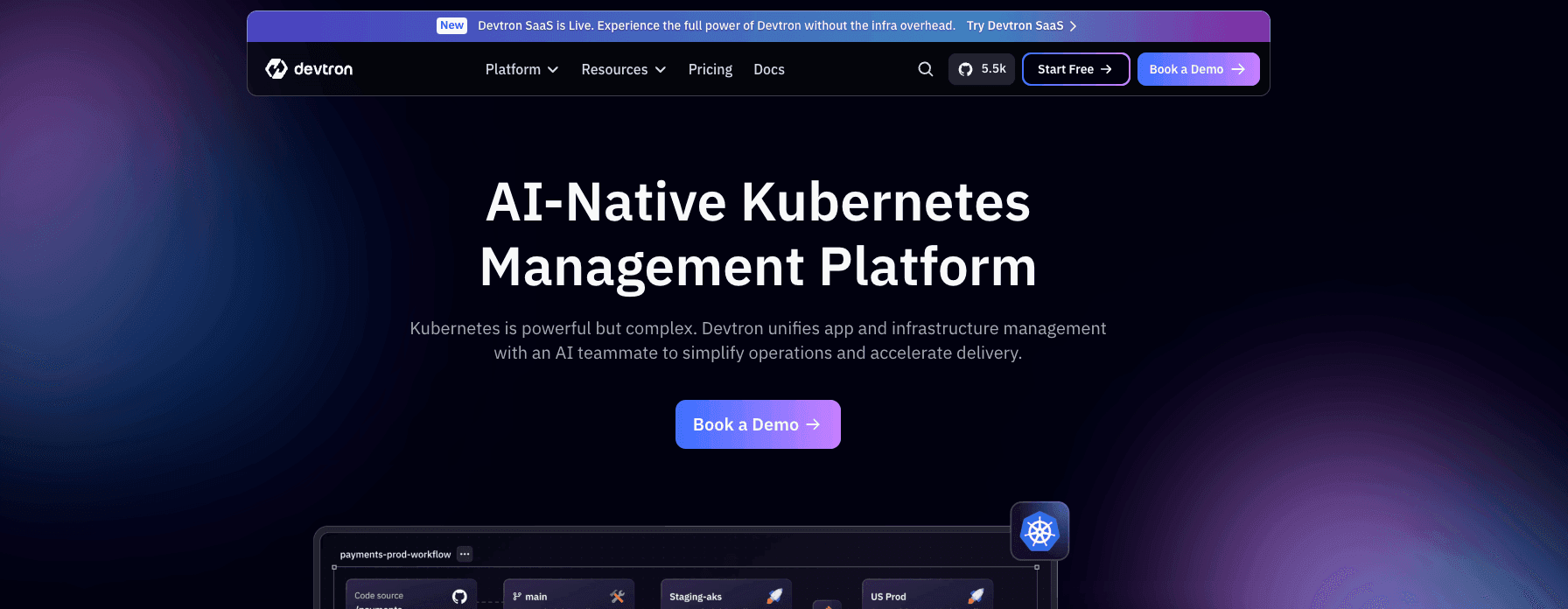 screenshot showing the devtron homepage