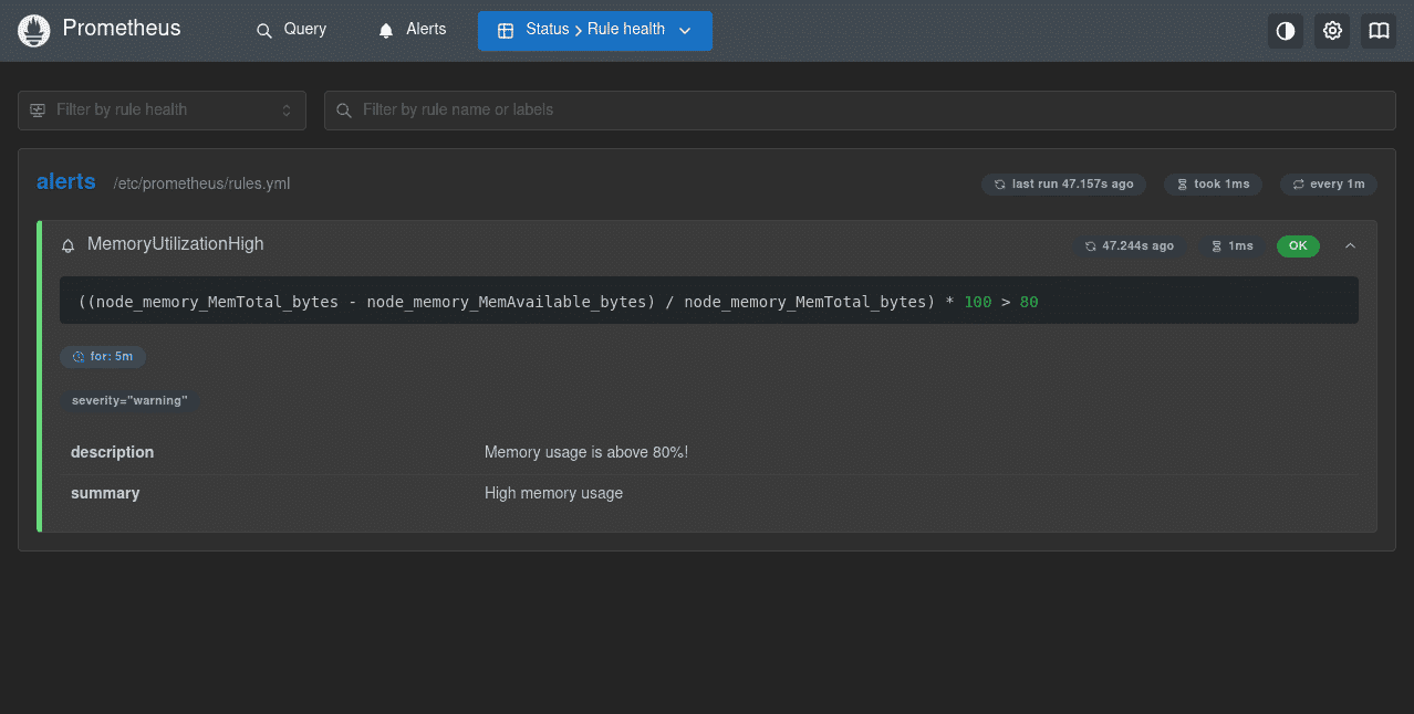 Rule health page in the Prometheus web UI