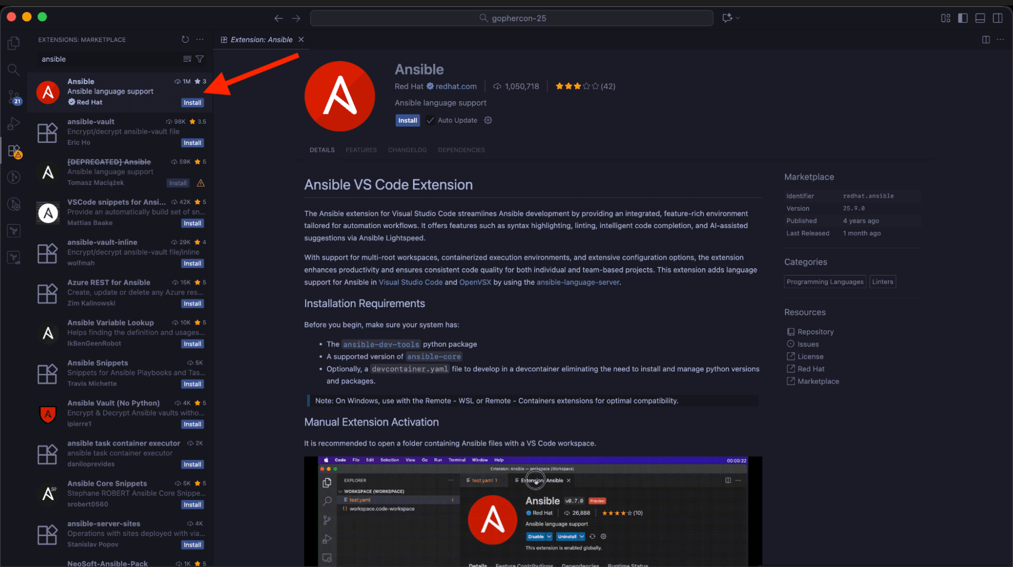 find the Ansible VS Code extension