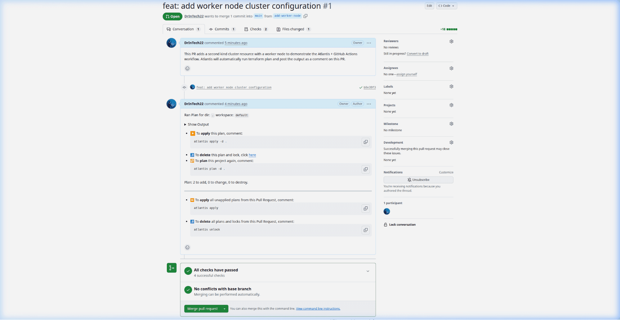 Atlantis bot posting the Terraform plan output